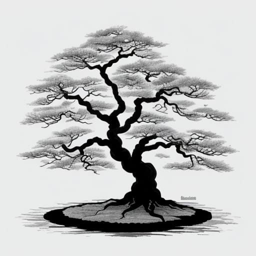 Sumi-e Ink Wash Painting of a Solitary Tree