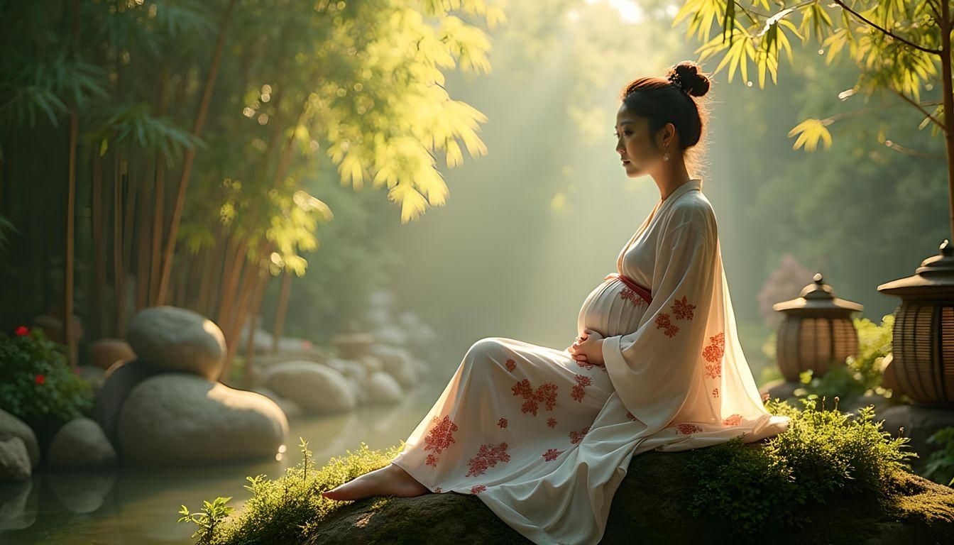 Pregnant Woman in Japanese Garden, Cinematic Film Still