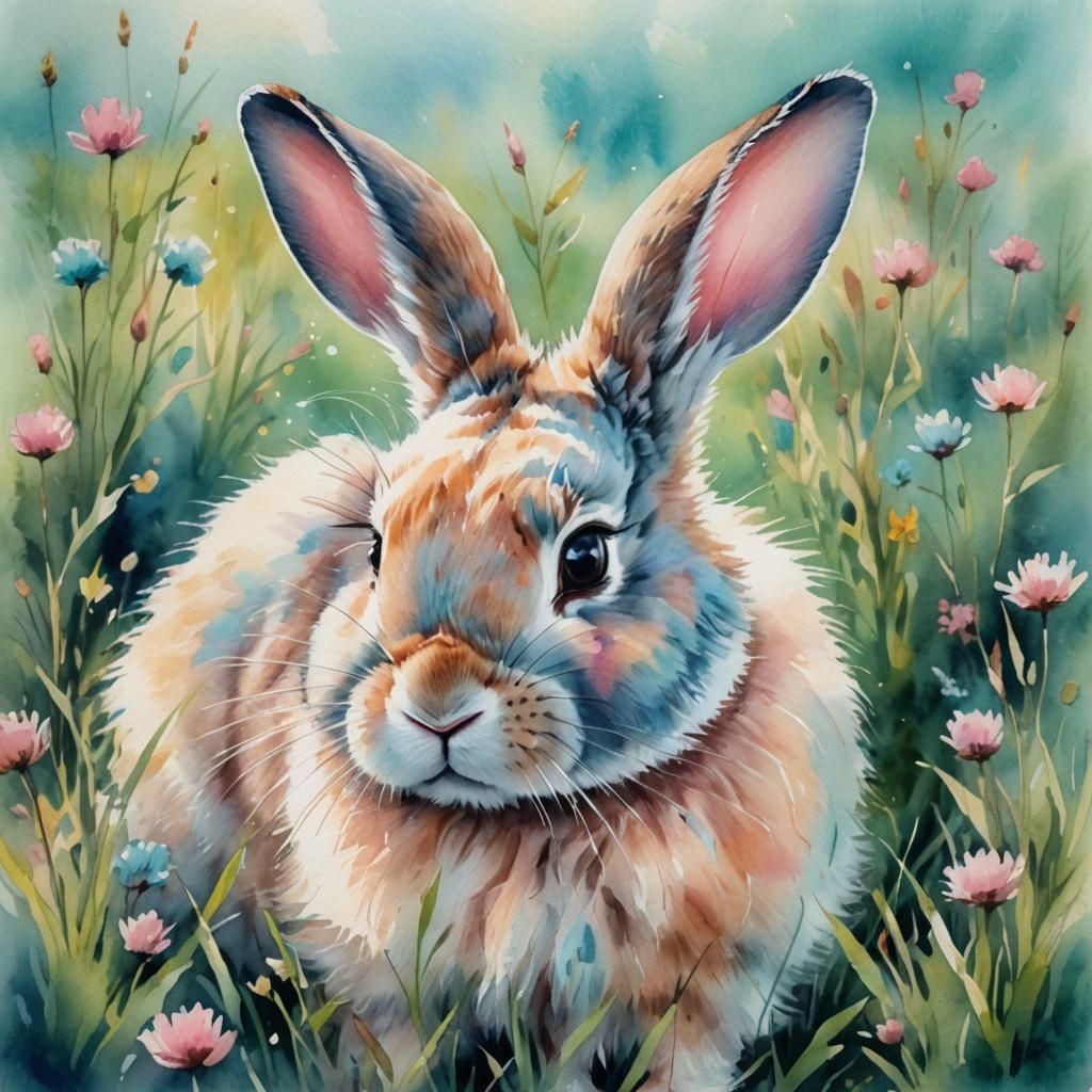 Pastel Bunny Portrait in Watercolor Style