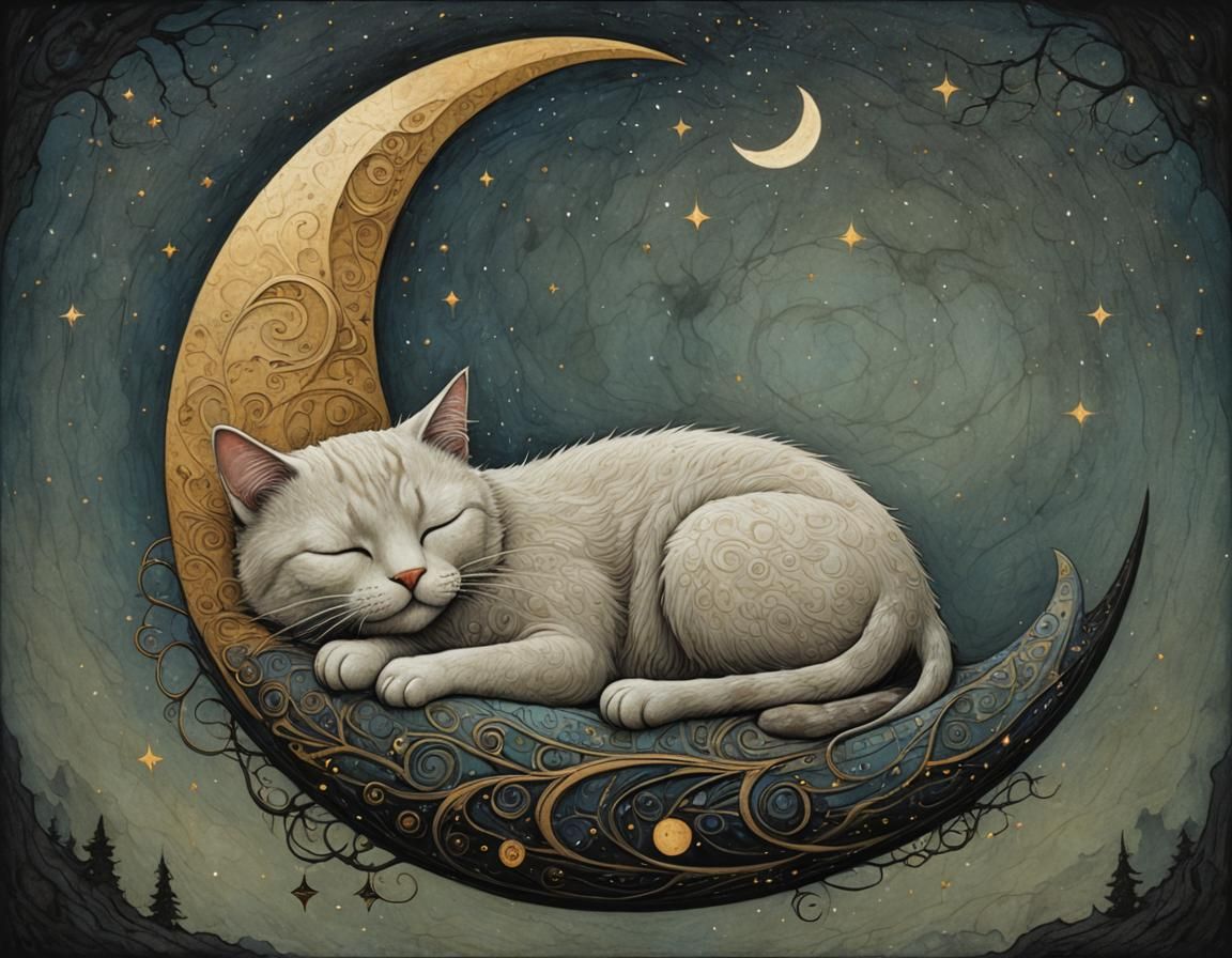 Cat Nap on Crescent Moon: Detailed Surrealist Art