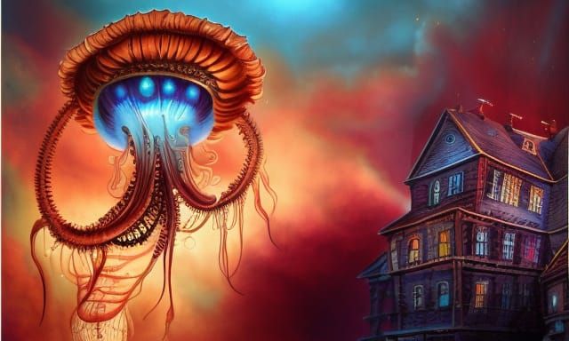 Steampunk Lovecraftian Jellyfish House: Ornate Ink Illustrat...
