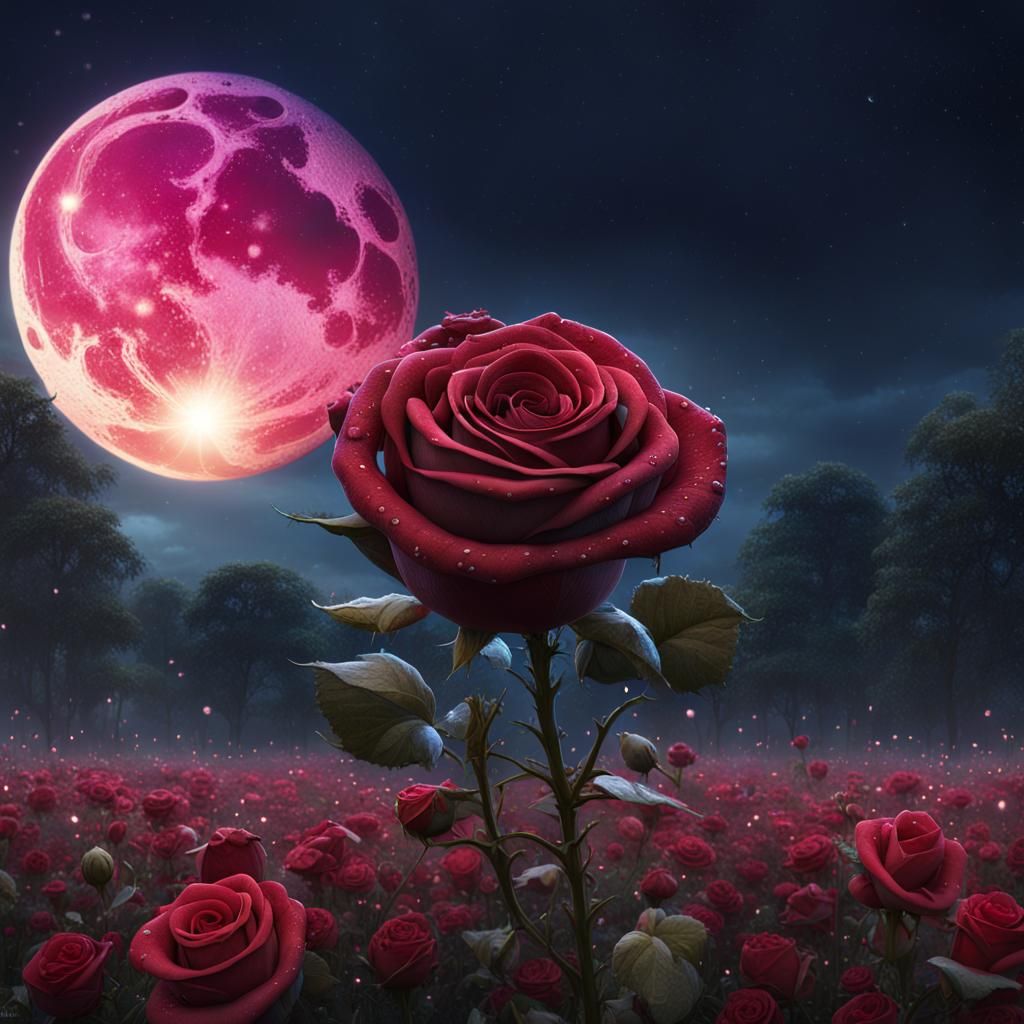 Night Rose Field with Crescent Moon