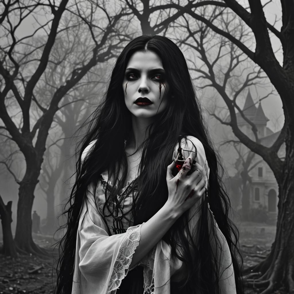 Monochrome Portrait of Young Vampire Drinking Blood