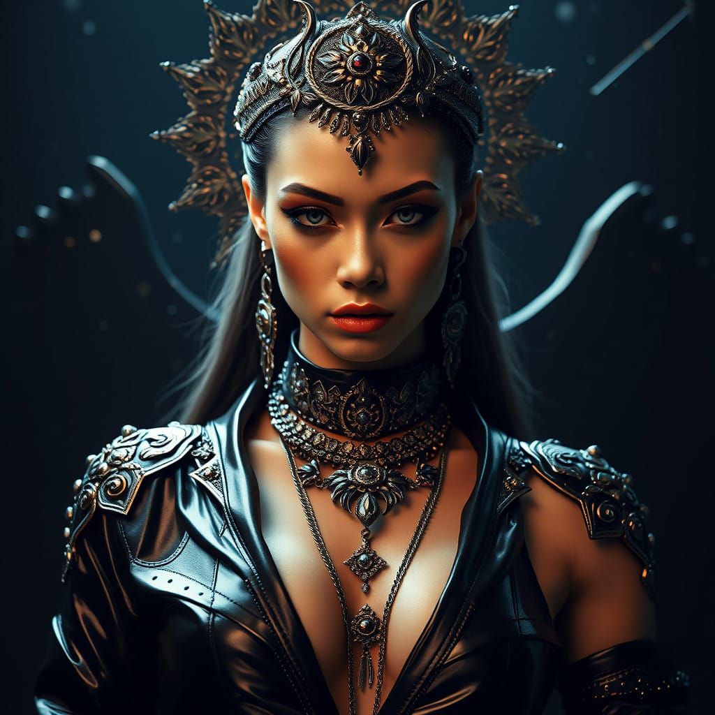 Goddess of Divine Beauty in Shimmering Black Leather