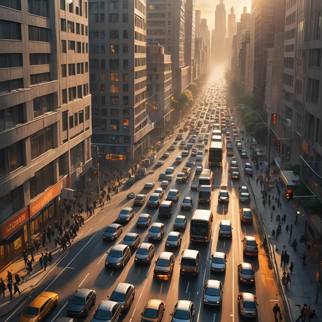 City Traffic Jam: Matte Painting with Art Deco Skyscrapers