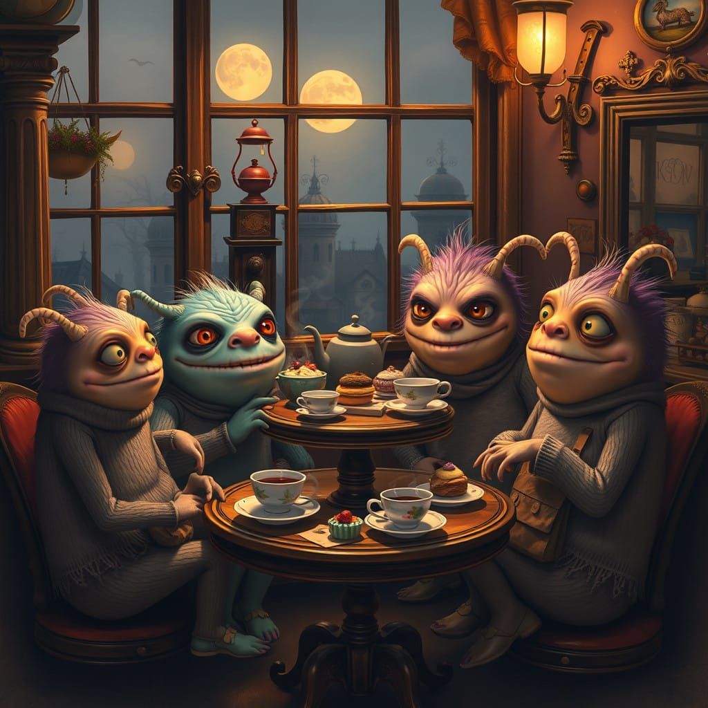 Cozy Monsters' Café Gathering in Whimsical, Dreamlike Style
