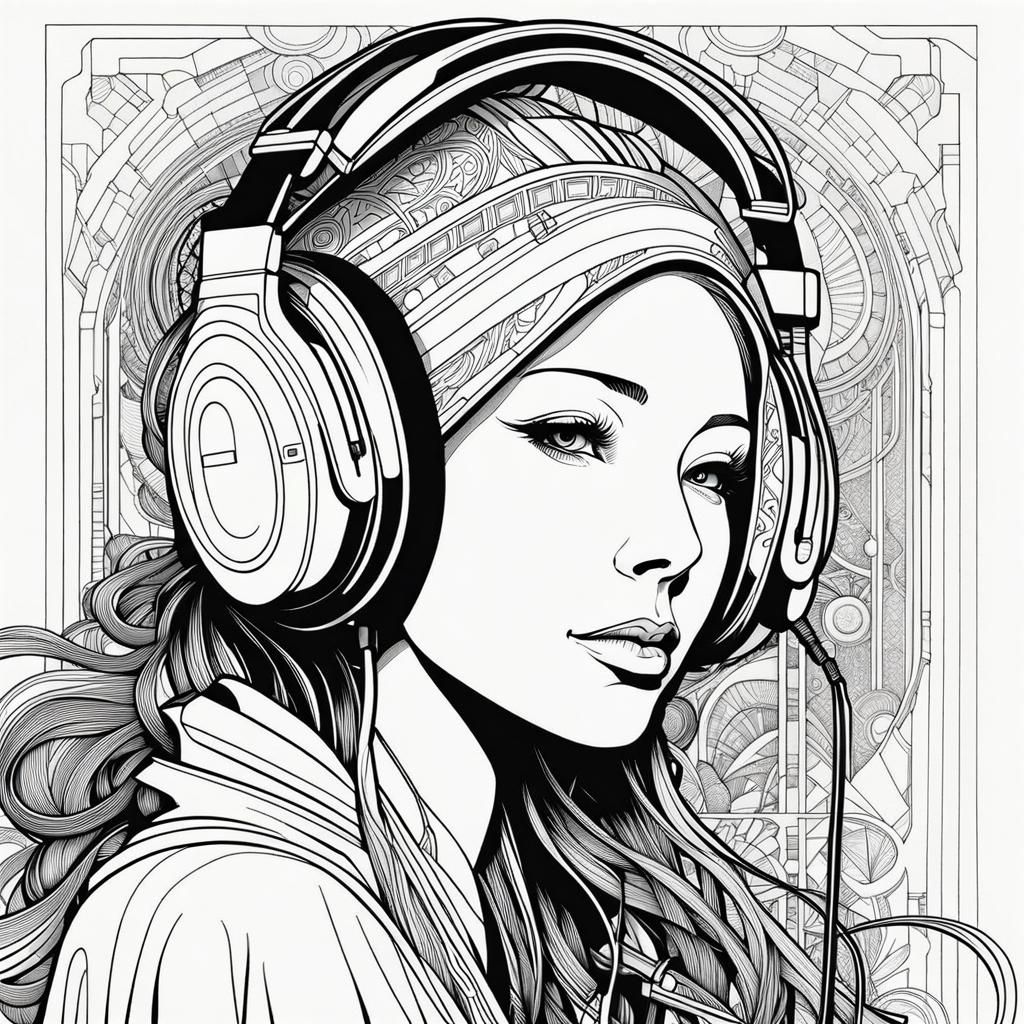Monochrome Line Art of Person Wearing Headphones