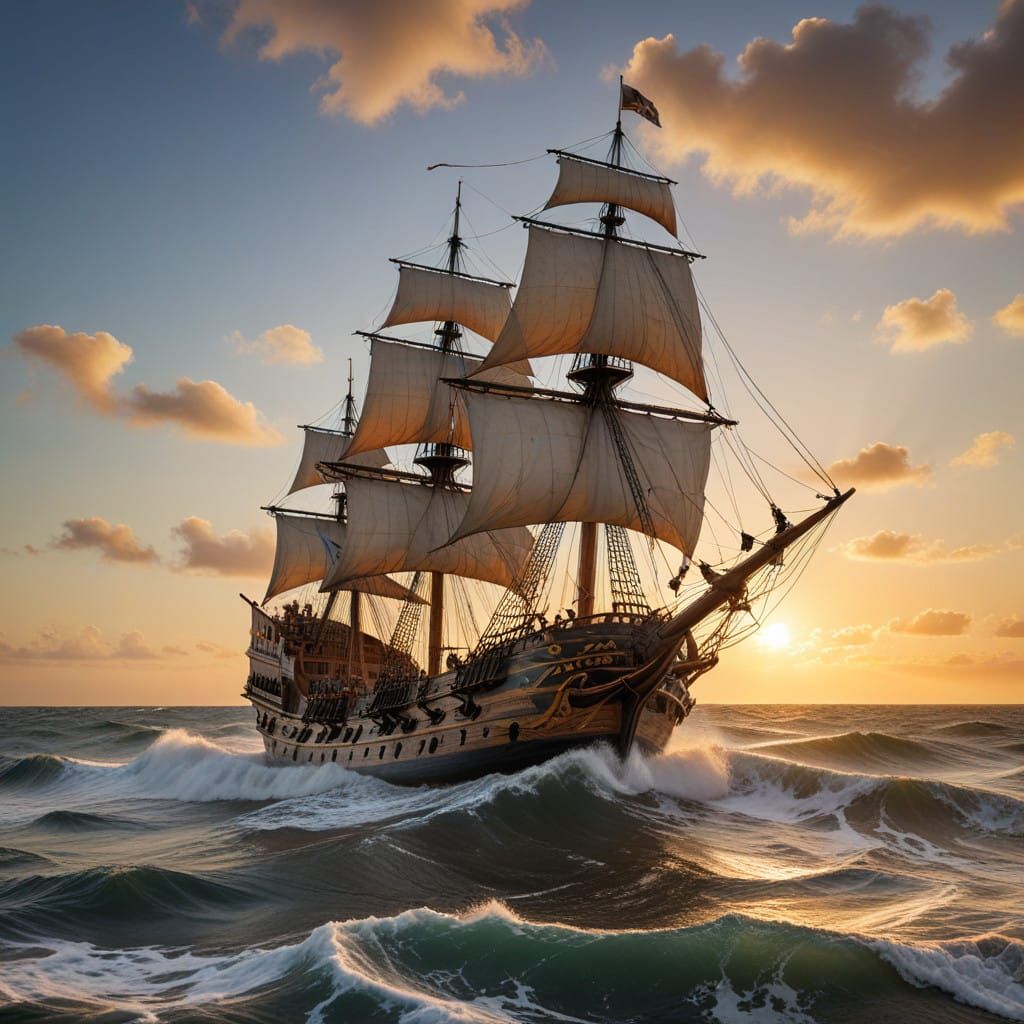 Majestic 16th-Century Spanish Galleon Sails Towards Horizon