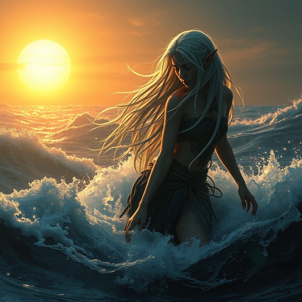 Elf Maiden's Struggle: Ocean Sunset in Fantasy Art Style