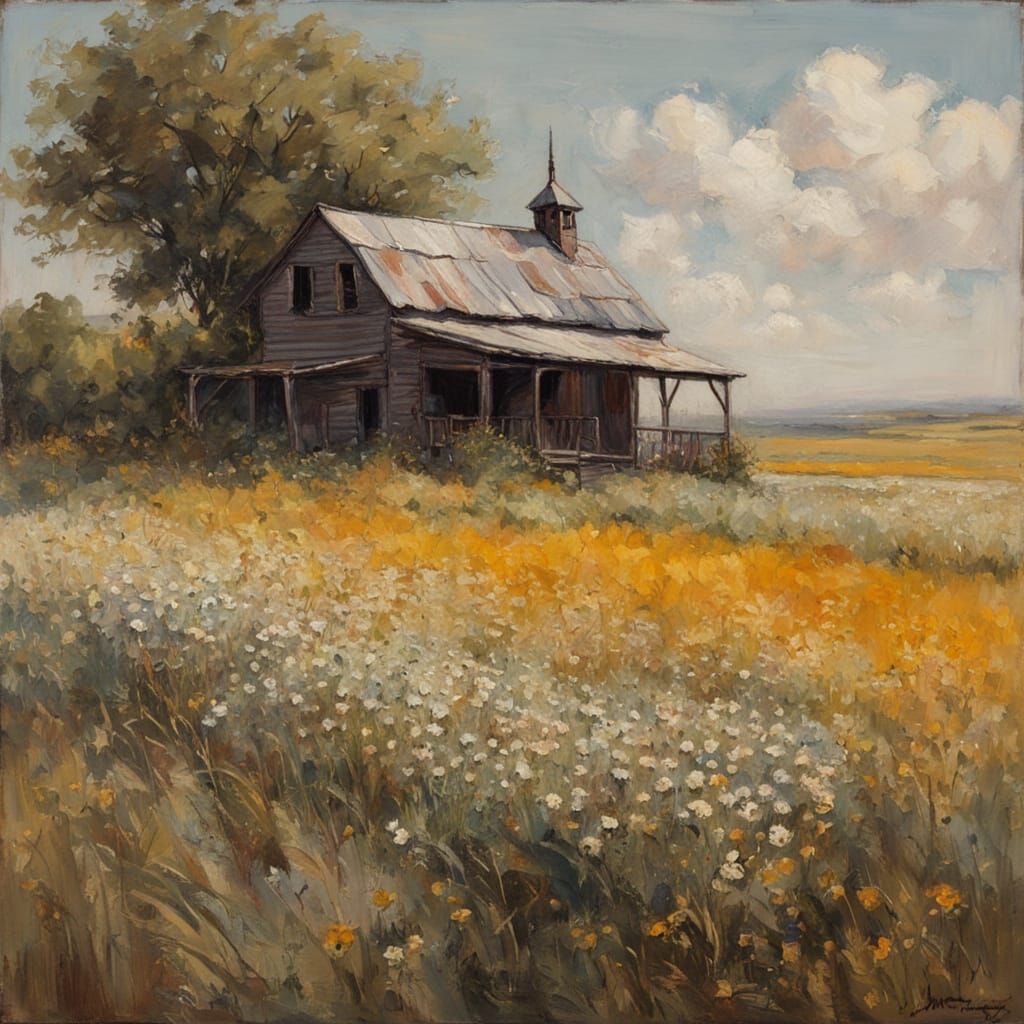 Farmhouse in Wildflowers: Hyperrealistic Conte Crayon Art