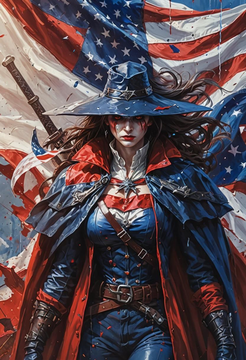 Hyperrealistic Vampire Hunter Portrait with American Flag