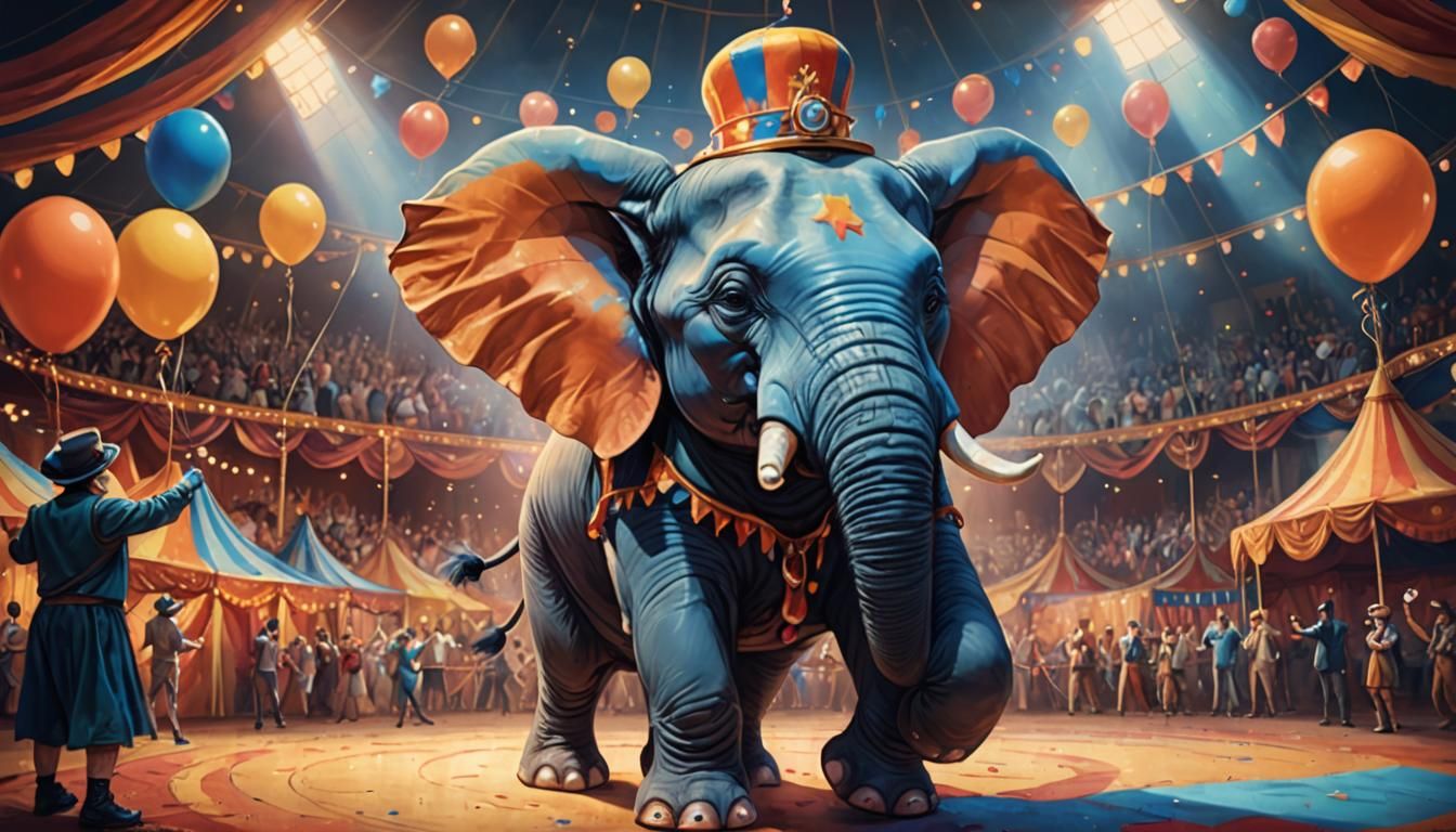 Cartoon Elephant Clown in Circus Arena: Fantasy Art
