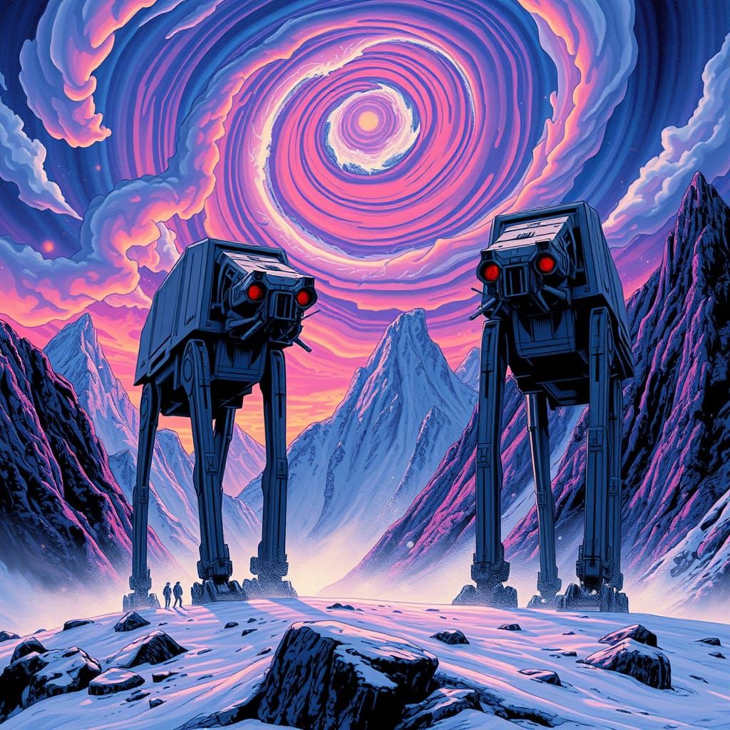 Dreamlike AT-ATs March Through a Bending Landscape