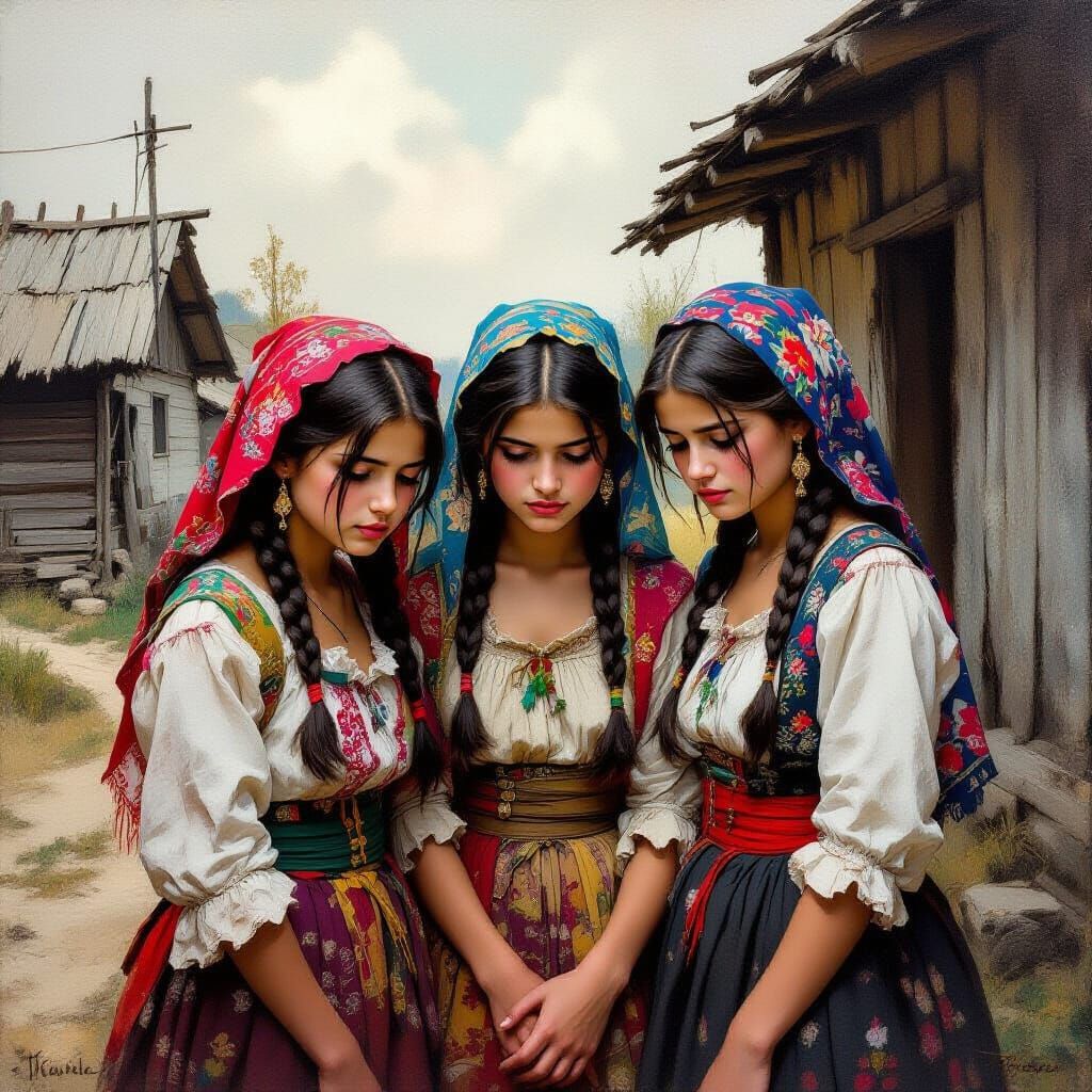 Three Romanian Gypsy Girls in Oil Painting Style
