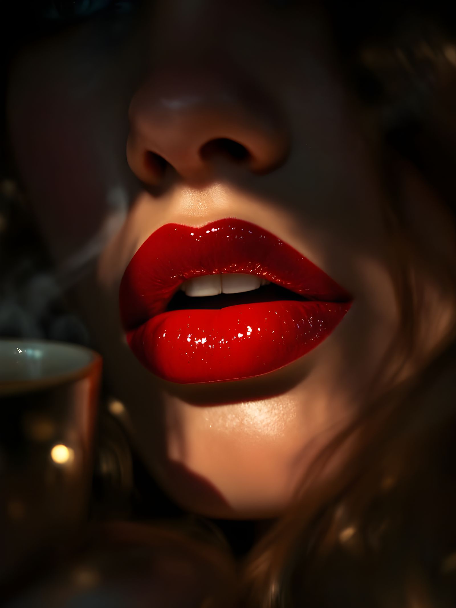 Bold Crimson Lips in Intimate Atmosphere