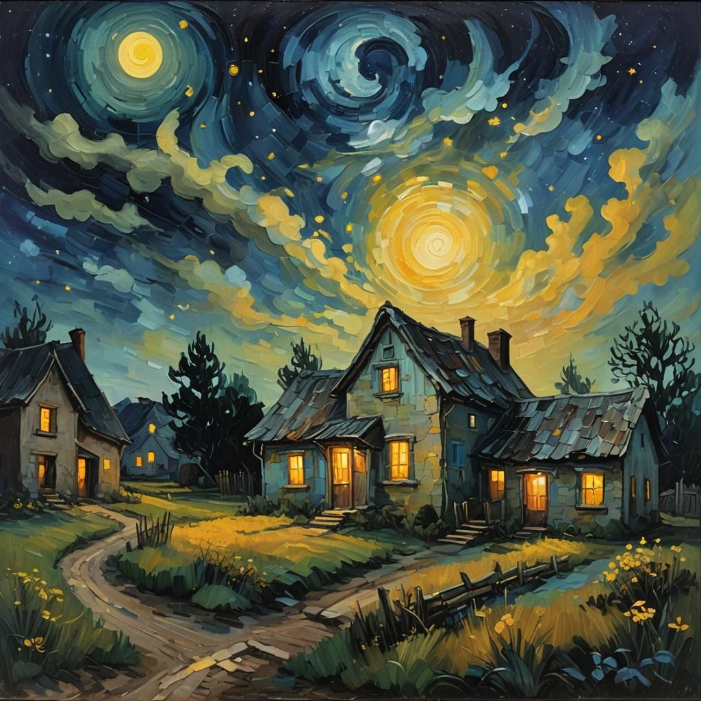 Abandoned Village Under Starry Sky as Oil Painting