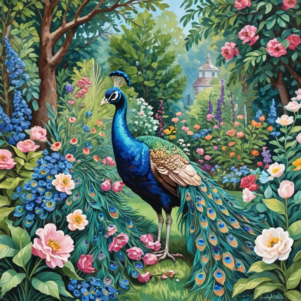 Peacock in Victorian Garden Gouache Impasto