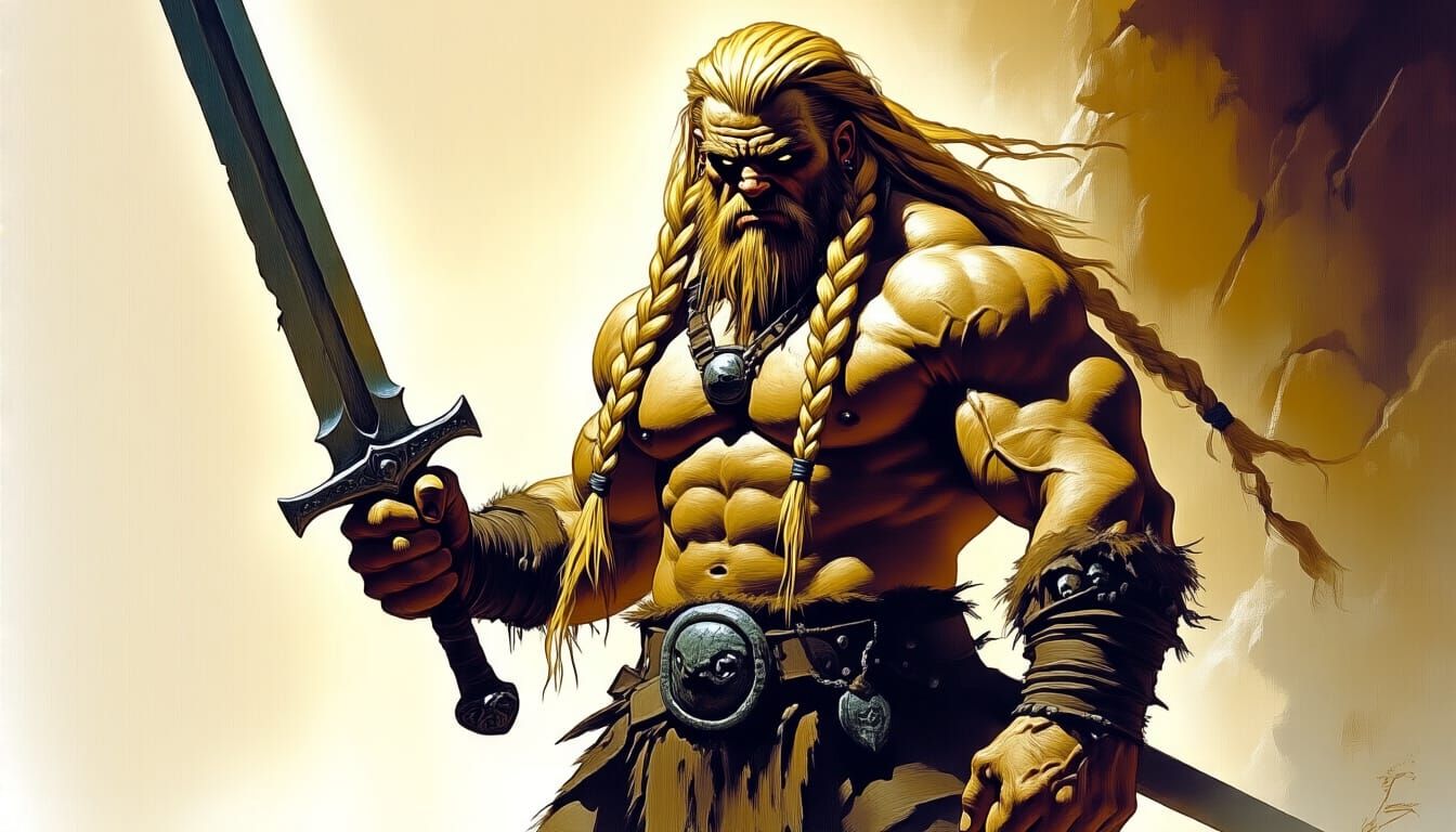 Muscular Barbarian Battles Monster in Fantasy Art Style