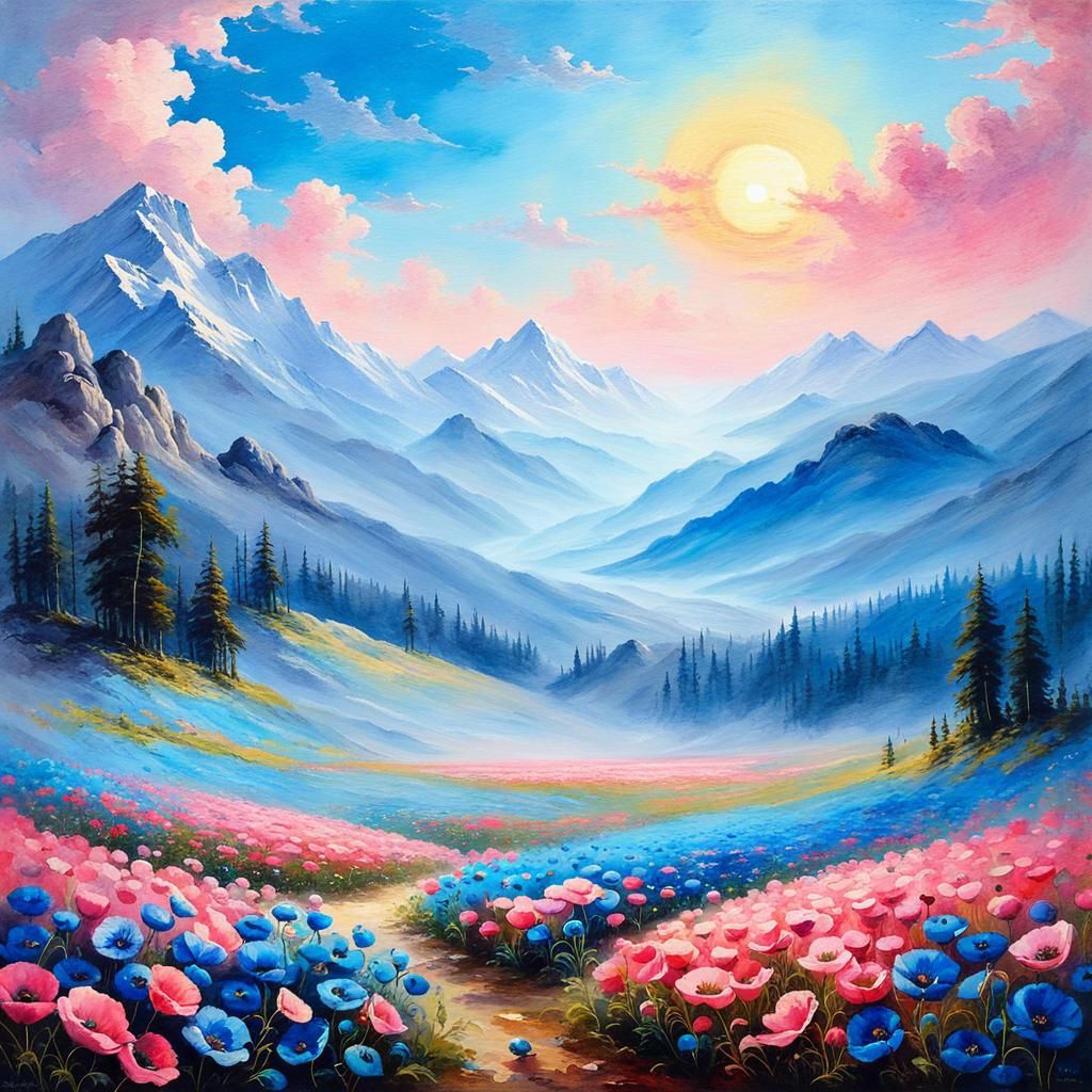 Blue Poppy Field Landscape in Naturalistic Style