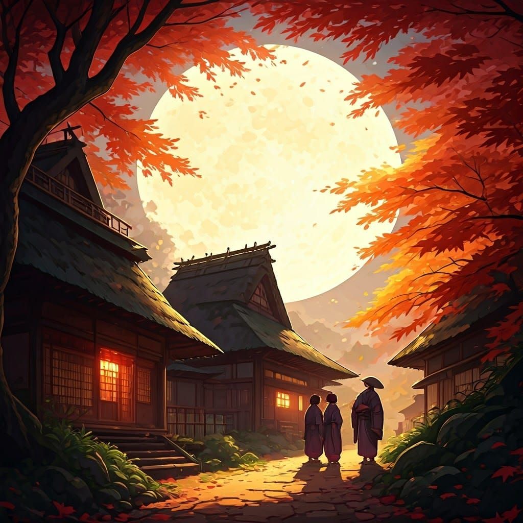 Japanese Villagers Moon Viewing, Digital Painting