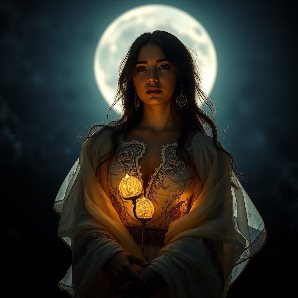 Moonlit Woman in Flowing Dress, Cinematic HDR Image