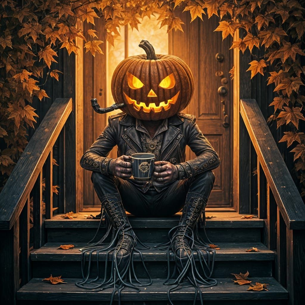 Smiling Jack-o-Lantern with Coffee on Porch