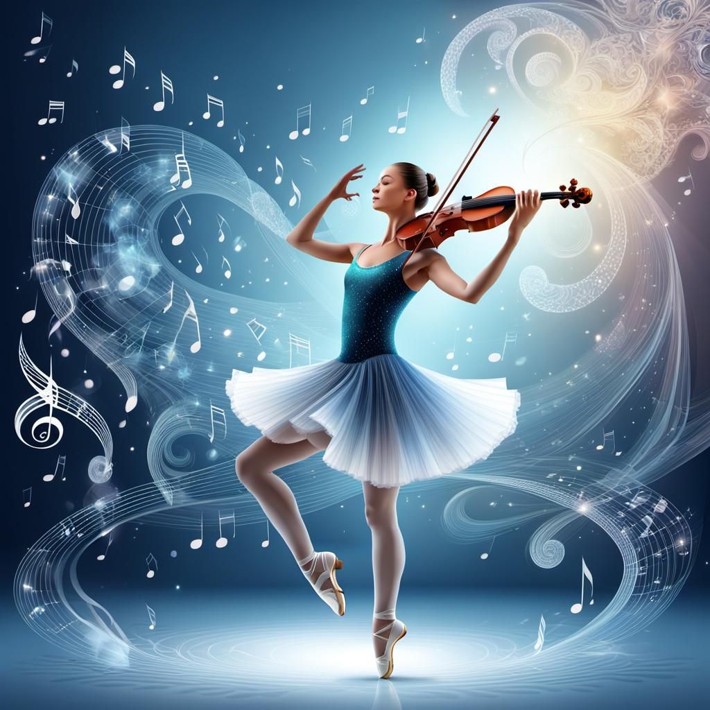 Ballerina Dancing and Playing Violin with Glowing Notes