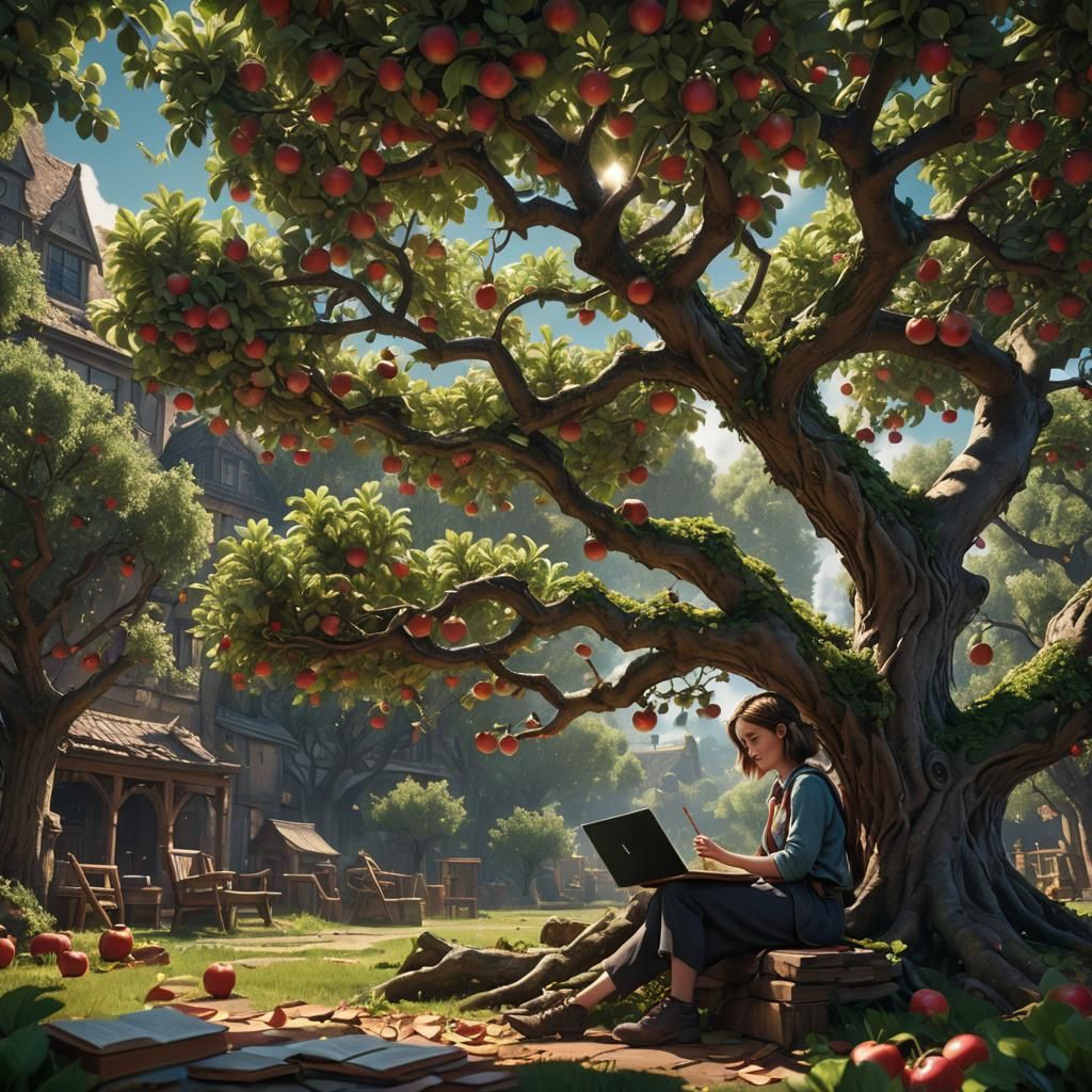 Girl Studying Under Apple Tree: Matte Painting