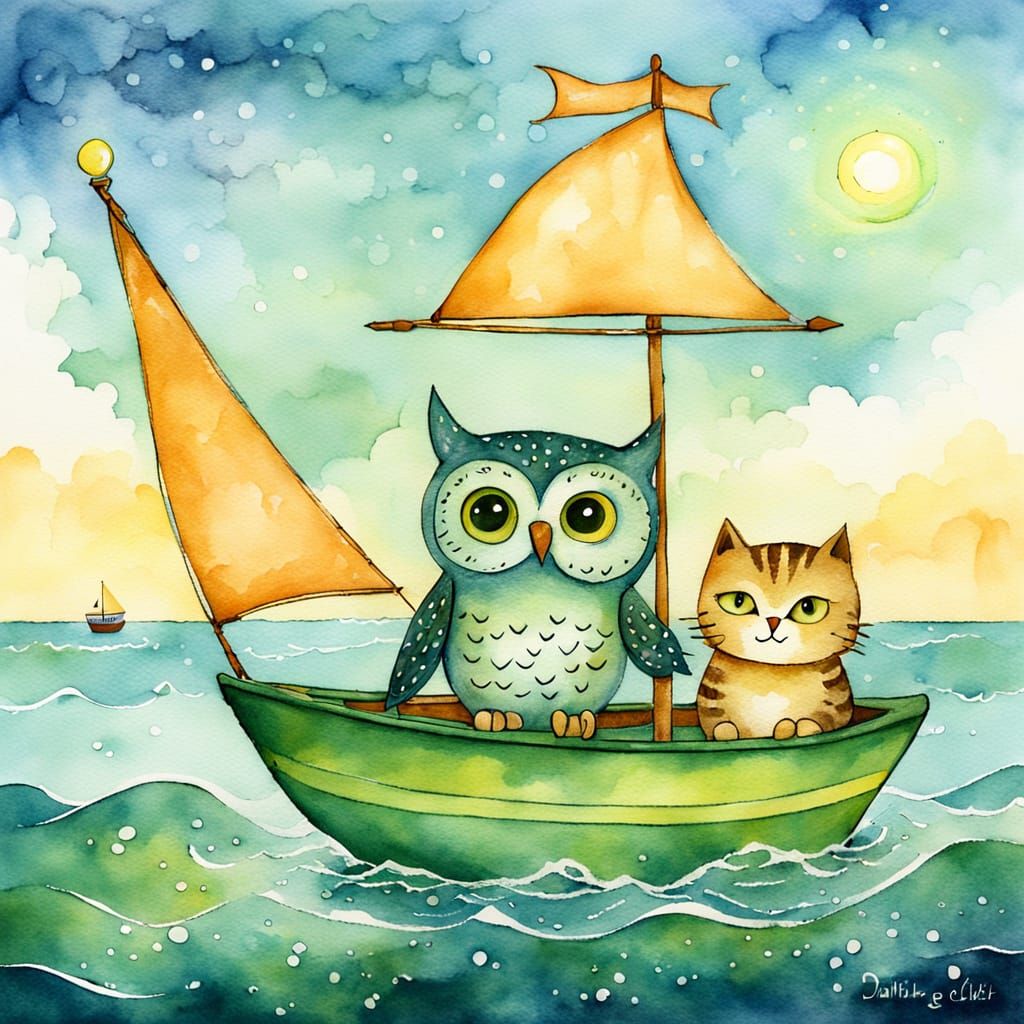Owl and Cat's Pea-Green Boat Adventure: Watercolor Style