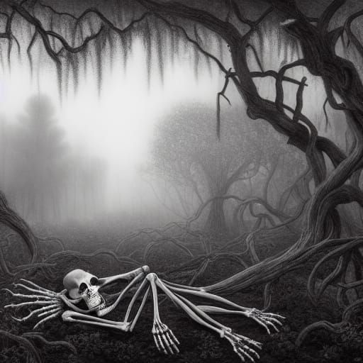 Grey Dog and Skeleton in Dark Fantasy Forest