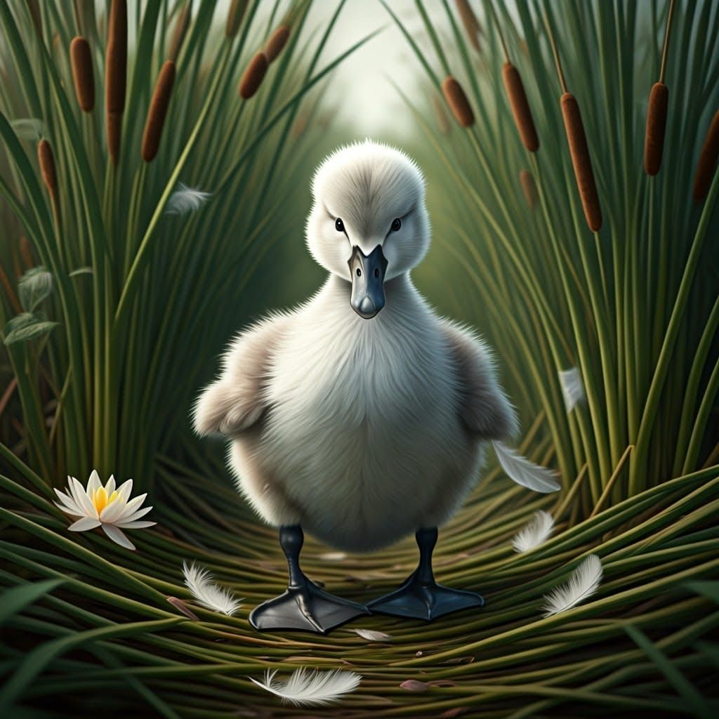 Whimsical Swan Cygnet Among Water Lilies in a Serene Canal B...