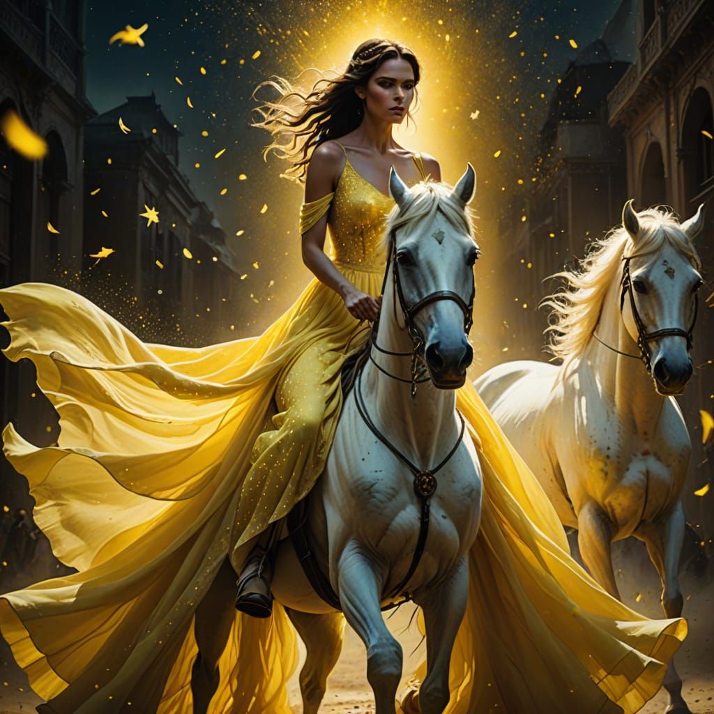 Neon Accented Girl on White Horse in Neo-Noir Style