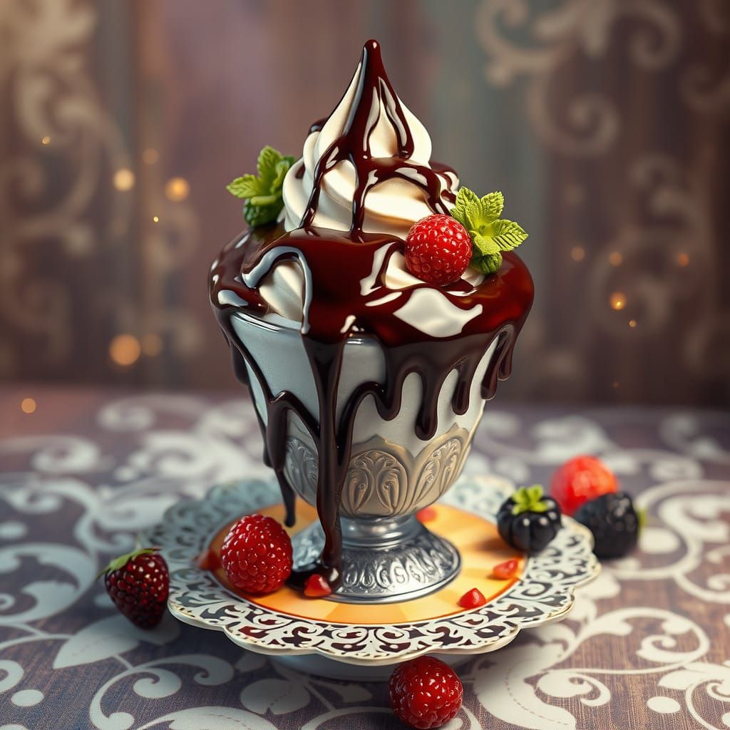 Decadent Ice Cream Sundae in Whimsical Fantasy Setting