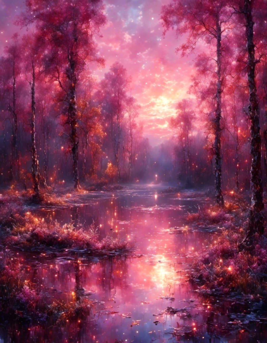 Dreamy Bioluminescent Forest Scene in Warm Pastel Hues
