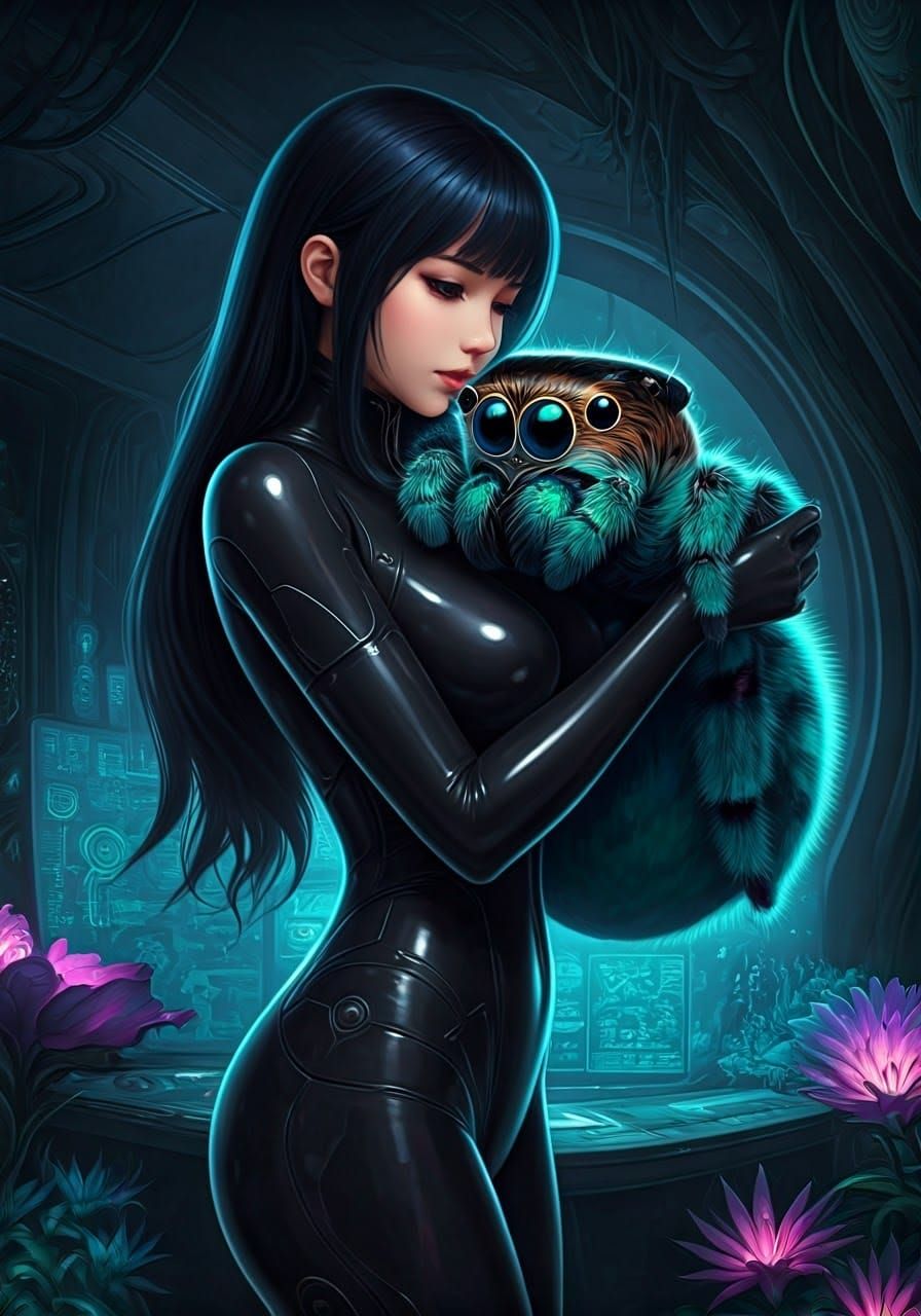 Stunning Woman Cradles Iridescent Spider in Neon-Lit Sci-Fi ...