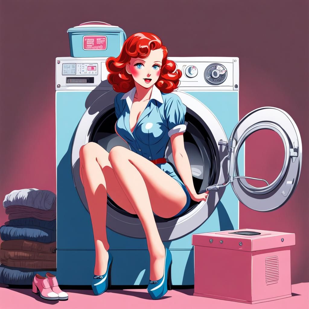 Redhead Pinup on Washing Machine in 1940s Style
