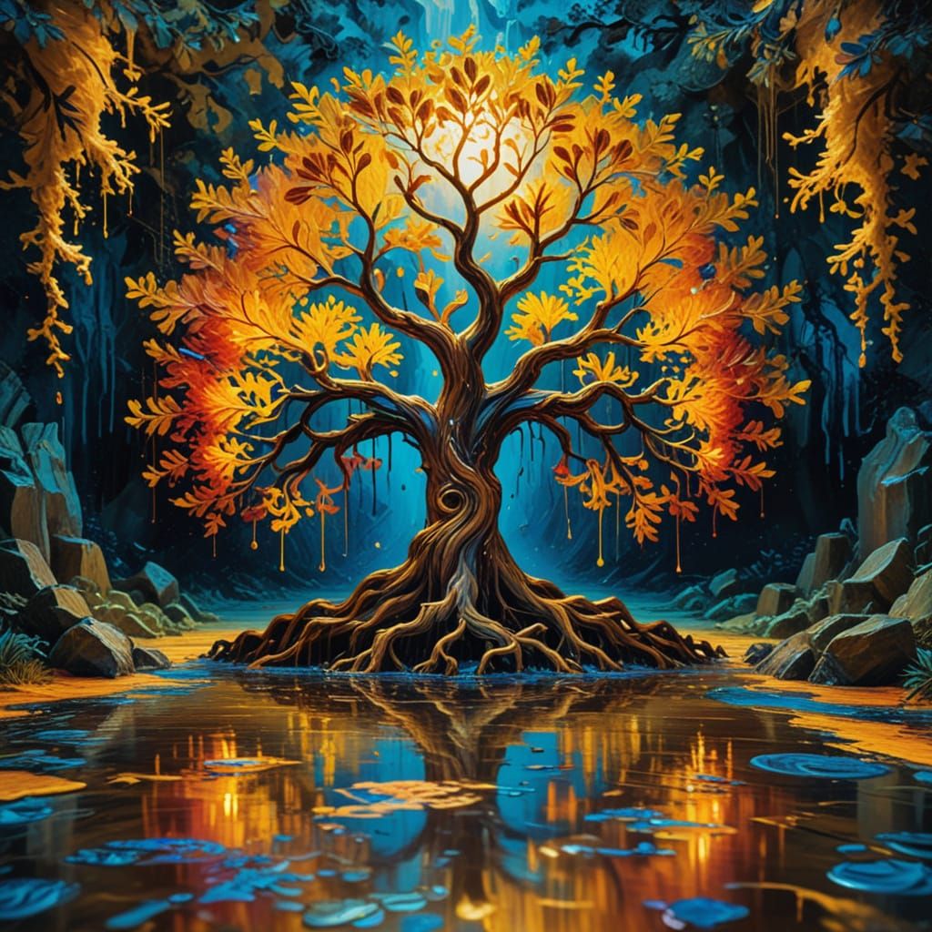 Vibrant Tree of Life in a Golden Labyrinth