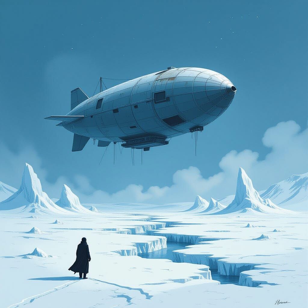 Airship Over Surreal Frozen Landscape in Gouache Style