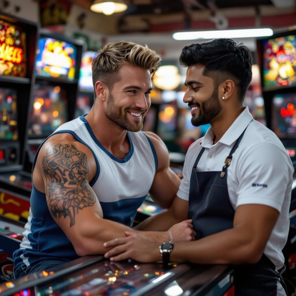 Man on Pinball Machine with Store Clerk, Photo-Realistic