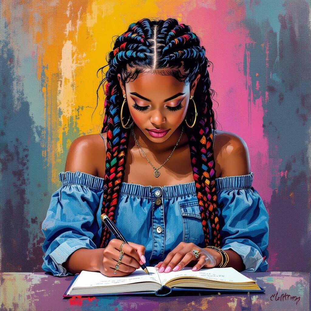 Teenage Girl Writing in Journal, Polychromatic Art Style