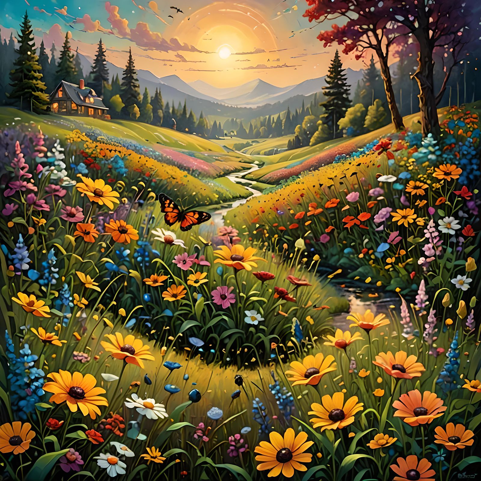 Mystical Meadow with Floating Flowers and Insects