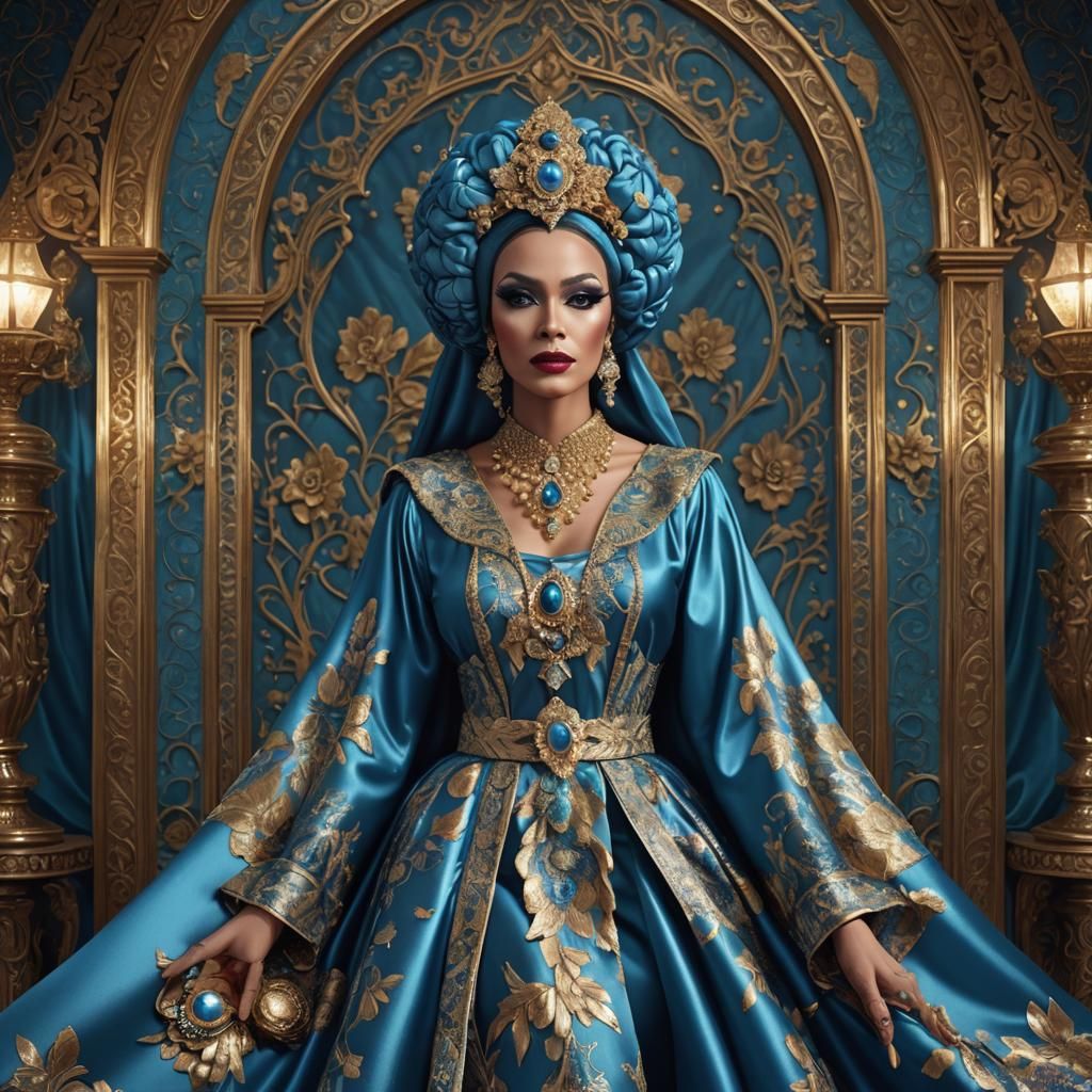 Extravagant Drag Queen in Blue Satin Gown