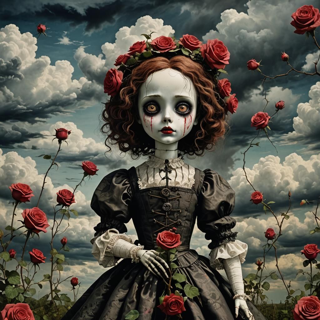 Gothic Horror Doll with Roses in Dark Ink Style