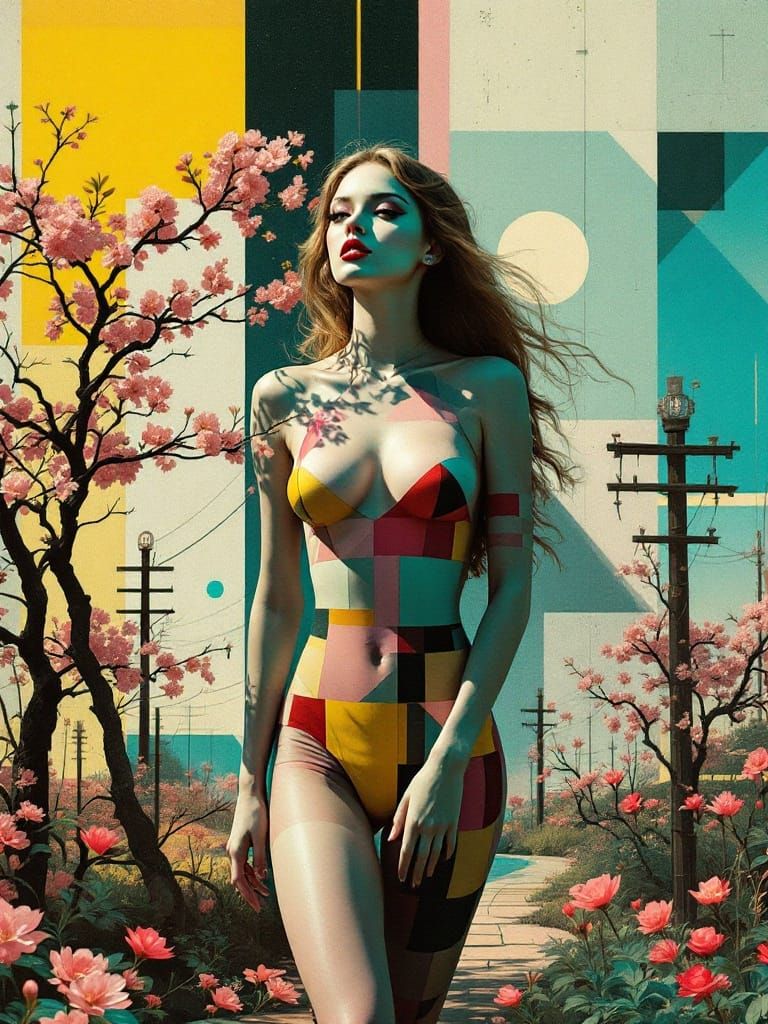 Surreal Pin-Up Goddess Emerges from Abstract Garden
