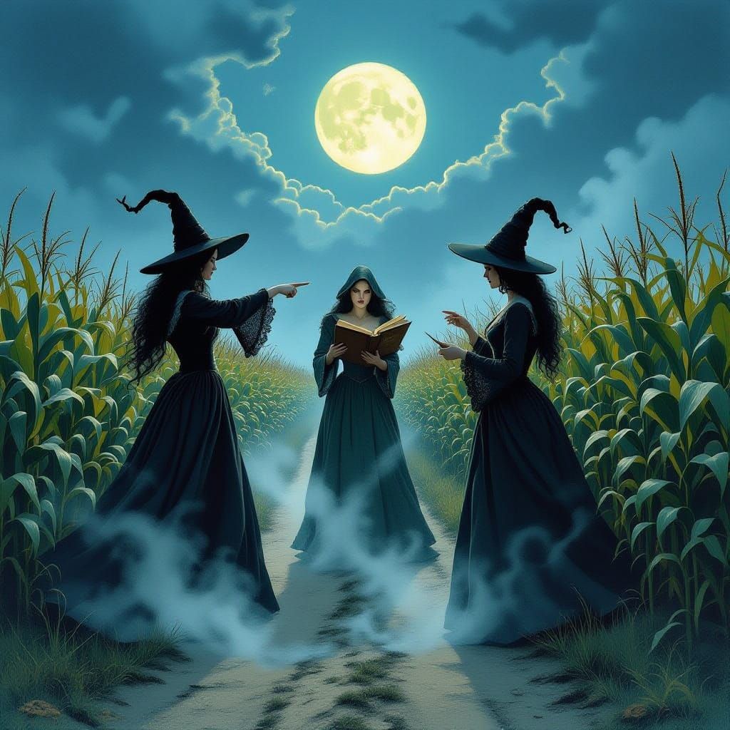 Witches Lost in Misty Cornfield Crossroads