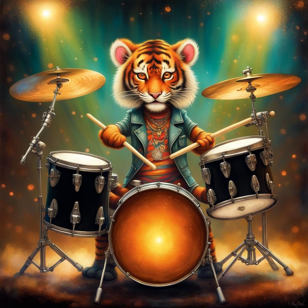 Anthropomorphic Tiger Drummer in Punk Rock Band
