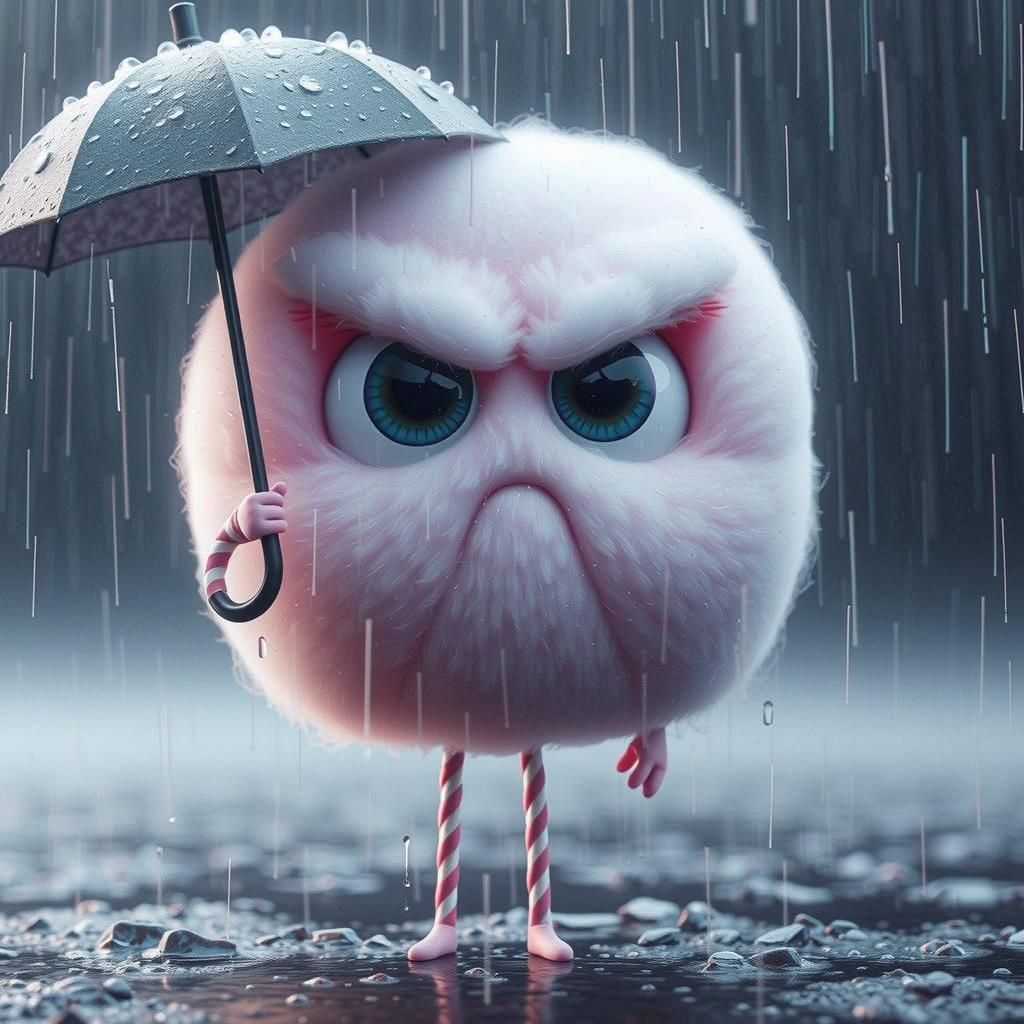 Annoyed Cotton Candy Character in Rainy Mood