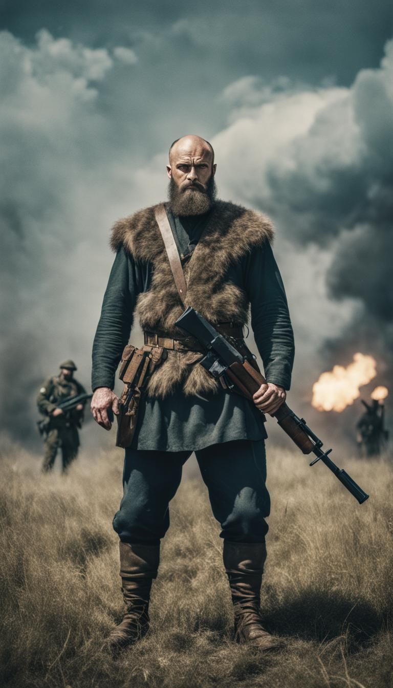 Dominant Slavic Soldier with Big Weapon in Cinematic Style