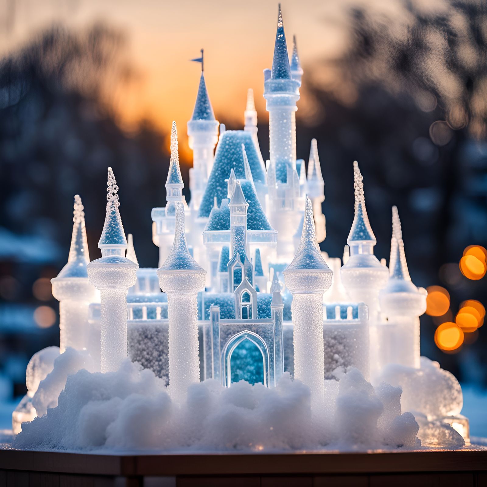 Glittering Transparent Ice Sculpture of Disney Castle