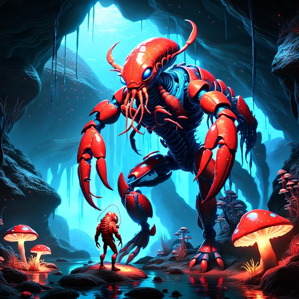 Red Lobster Alien in Bioluminescent Cave: 3D Art